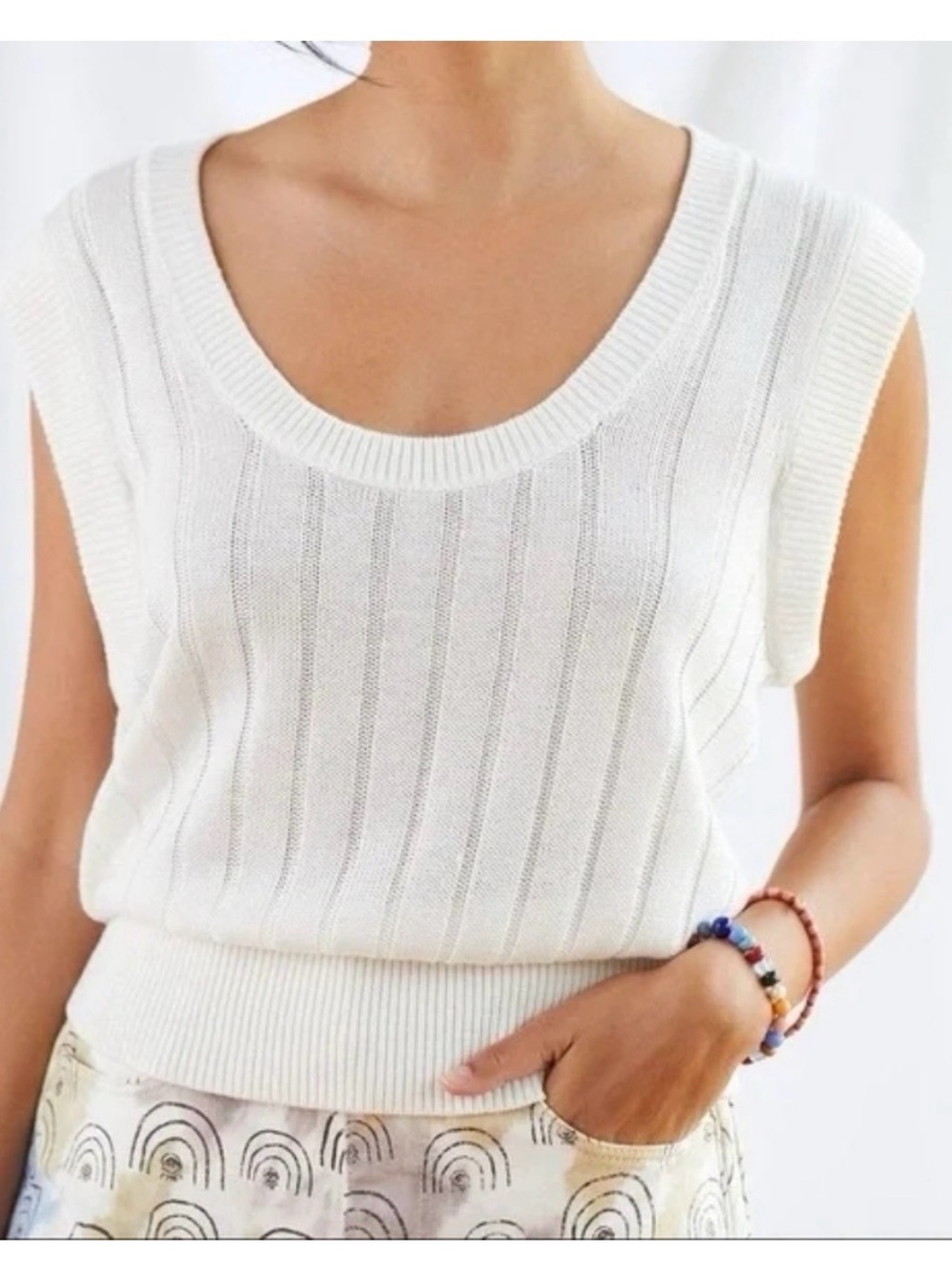 Anthropogie Maeve Cream Ribbed Linen Blend Knit Sweater Vest